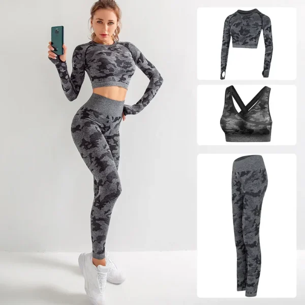Camouflage Fitness Yoga Sportswear Set Long Sleeve Bra And Pants Tightening Butt Lifting Capris Perfect for Gym And Exercise - Image 2