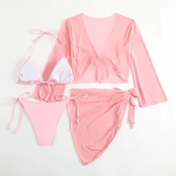 Women pink micro mini string bikini sets 4 pieces with mesh cover tops and skirt swimsuit bathing suit beach outfits biquini - Image 5