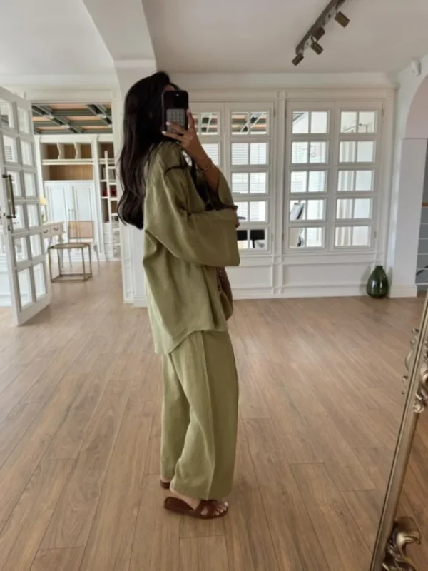 Casual Beading Lace Up Shirt Pants Set Women Loose V Neck String Long Sleeve Shirt Wide Leg Pant 2024 Autumn Chic Lady Outfit - Image 3