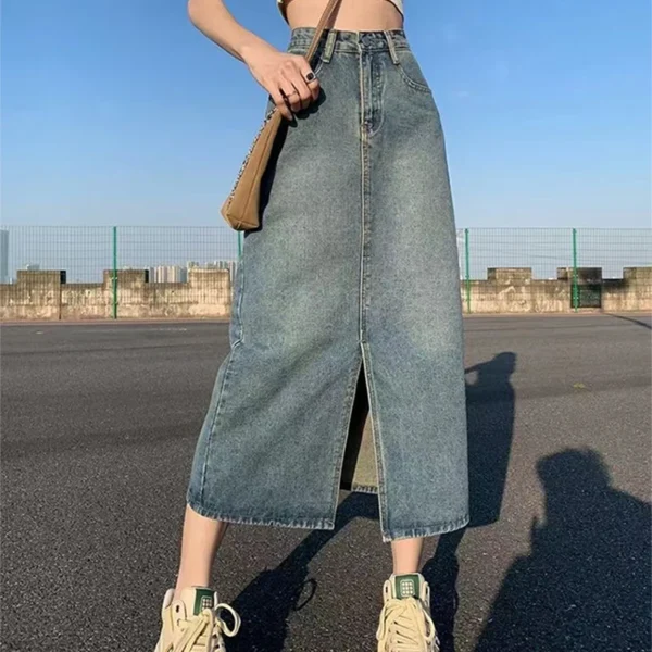 Summer New High-waist Slit Denim Skirt For Women Washed Retro A- line Skirt Hip-covering Straight Long Skirt - Image 4