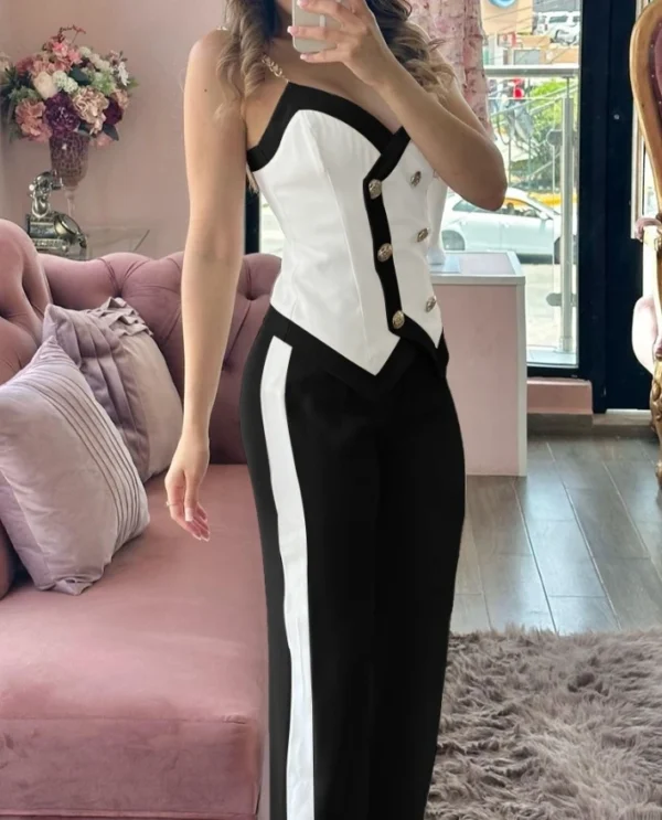 Women Two-Piece Set 2024 Spring Summer V-Neck Double Breasted Chain Strap Sleeveless Top & Straight Leg Pants Set Casual Style - Image 3