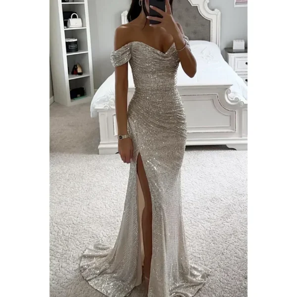Womens Dresses New Party Sequin One Line Neckline Slit Dress Casual Fashion Dress for Women - Image 3