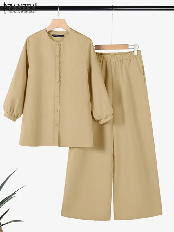 ZANZEA Autumn 2PCS Outfits Women Elegant Long Sleeve Blouse Trousers Suit Matching Sets 2025 Casual Solid OL Work Tracksuits