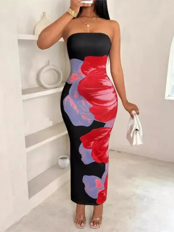 Elegant Fashionable Printed Long Dress New Summer Women's Sexy Slim Fit Chest Wrapped Off Shoulder Casual Dress - Image 4