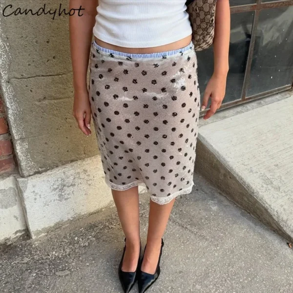 Candyhot Polk Dot Printed Elegant Low Waist Straight Midi Skirt Y2K Summer Fashion Holiday French New All-Match Women Vestidos