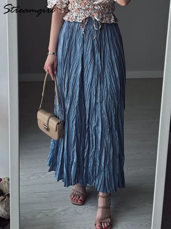 Streamgirl Women Summer Skirts Long Pleated A Line Elegant Solid Big Swing Maxi Skirt Ladies Blue White Beach Skirt Women Luxury - Image 2