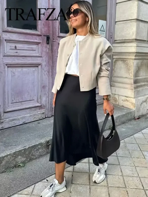 TRAFZA 2024 Y2K Casual Women Long Skirt Spring Elastic High Waisted A-Line Casual Female Satin Skirts High Street Lady Skirts - Image 5