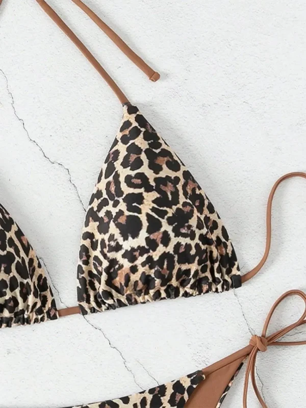 Leopard Print Two Piece Swimsuit Set Triangle Bra Suspender Halter Backless Bikini Set Beach Vacation Lace-up Swimwear 2025 - Image 5