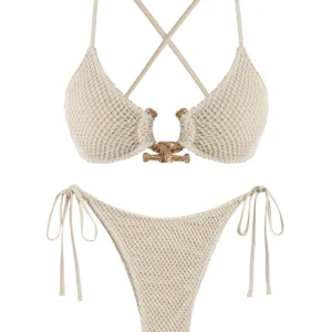 Women's Metal Ring Decor Textured Criss Cross Back Tied Side Tanga Bikini Set Two Piece Swimwear - Deep Green L