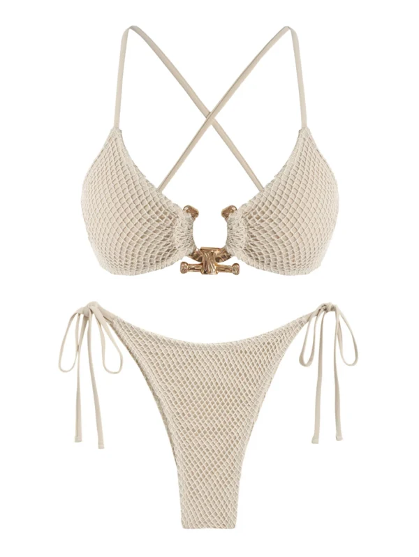 Women's Metal Ring Decor Textured Criss Cross Back Tied Side Tanga Bikini Set Two Piece Swimwear - Deep Green L