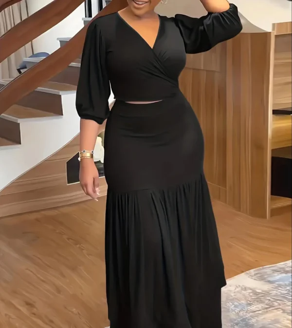 Plus Size Solid Color Casual V Neck Long Sleeve Set, Comfortable Women's Clothing for Daily Wear, Stylish and Versatile Options - Image 4