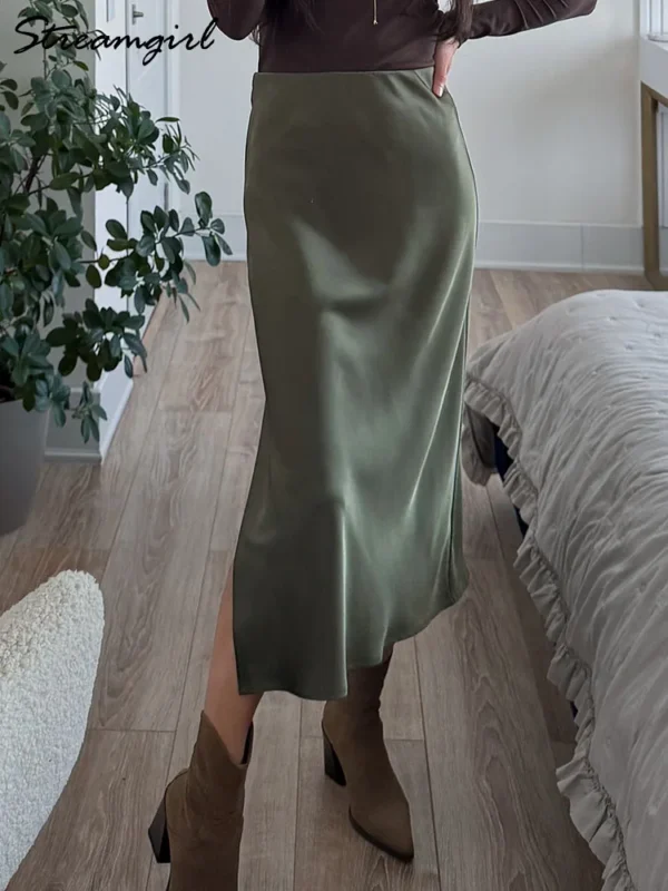 Streamgirl Office Black Midi Skirts For Women High Waist Elegant Silk Skirt Ladies Solid Women Satin Skirt With Slit On The Side - Image 3
