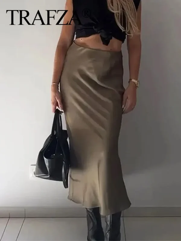 TRAFZA 2024 Y2K Casual Women Long Skirt Spring Elastic High Waisted A-Line Casual Female Satin Skirts High Street Lady Skirts - Image 4