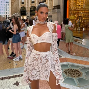 Sexy Lace Hollow Out Skirt Sets Women Crop Flare Sleeve Tops See Through Hip Package Mini Skirts 2025 Summer Lady Party Outfits