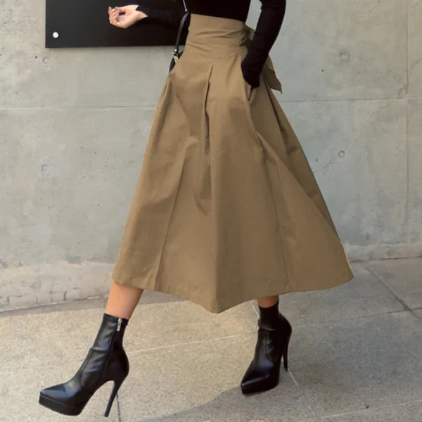 Skirts Womens Korean Fashion Solid Color Big Swing Ladies Skirt Long Skirt 2025 Autumn Wild High Waist Bow Slim Skirts - Image 3
