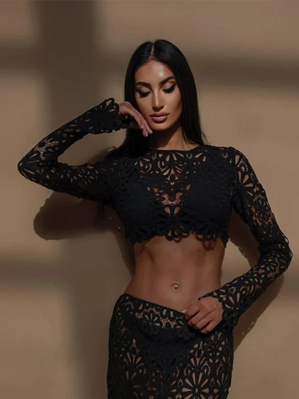 Elegant See Through Crochet Top Women Set Hallow Out Flare Long Sleeve Top Slim Empire Hip Package Skirts 2025 Summer Lady Set - Image 4