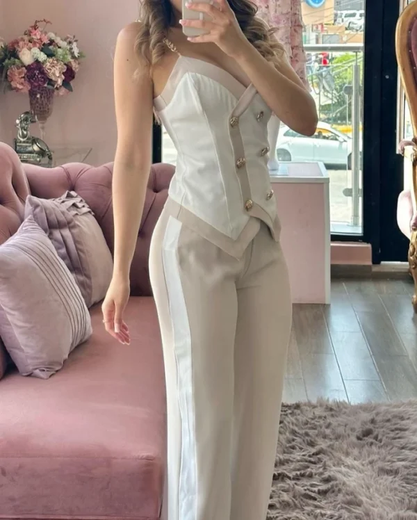 Women Two-Piece Set 2024 Spring Summer V-Neck Double Breasted Chain Strap Sleeveless Top & Straight Leg Pants Set Casual Style - Image 2