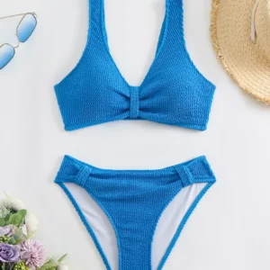 2025 Summer New Women's 2 Piece Swimsuit Solid Color High Waist Bikini Set V-neck Backless Beach Vacation Bathing Suit Swimwear