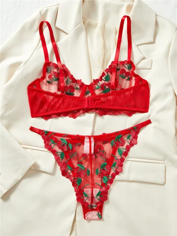 Sexy Lingerie Sets Ultra Thin Lace Transparent Underwear Romantic See Through Exotic Sets Embroidery Flowers Red Bra Brief Sets - Image 2