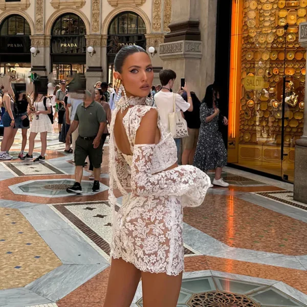 Sexy Lace Hollow Out Skirt Sets Women Crop Flare Sleeve Tops See Through Hip Package Mini Skirts 2025 Summer Lady Party Outfits - Image 4