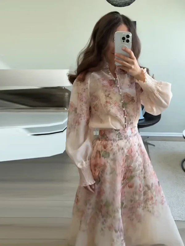 Elegant Print Long Skirt Set Women Loose Floral Button Long Sleeve Shirt Pleated A-line Skirts 2025 Autumn Party Lady Outfit - Image 2