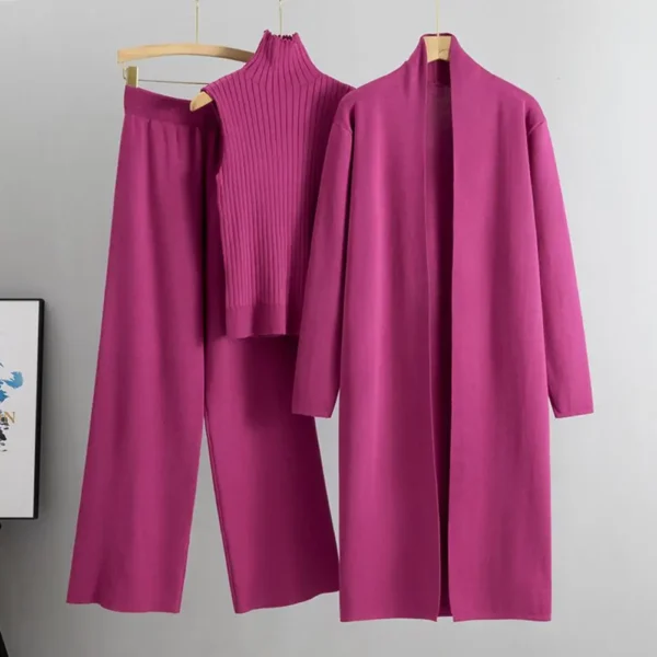 3 Pcs/Set Women Knitted Coat Vest Pants Set Knitted Fall Winter Stretchy Turtle Neck Sleeveless Top Mid Length Cardigan Coat - Image 2