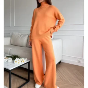 REALEFT Autumn Winter 2 Pieces Women's Sets Elegant Knitted Tracksuit Turtleneck Sweater and Straight Jogging Pants Outfit Suits