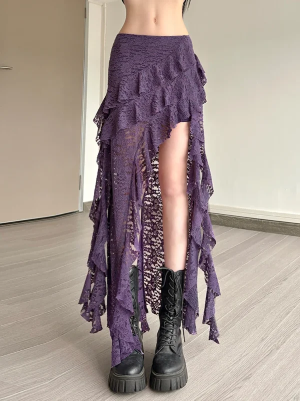 Nibber Tassels Women Skirts Irregular Hem Multi-Layered Ruffles Lace Patchwork Sweet Summer Trend Daily Skinny Versatile Bottoms