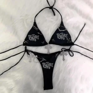 Lady Y2K Bikini Set Solid Color Fashionable Casual Hanging Neck Bikini Sexy Print Padded Bra Thong Split Swimsuit Beachwear