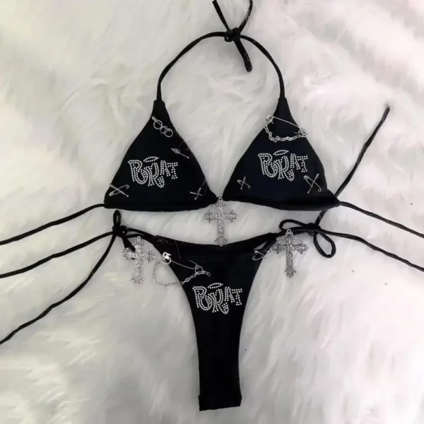 Lady Y2K Bikini Set Solid Color Fashionable Casual Hanging Neck Bikini Sexy Print Padded Bra Thong Split Swimsuit Beachwear