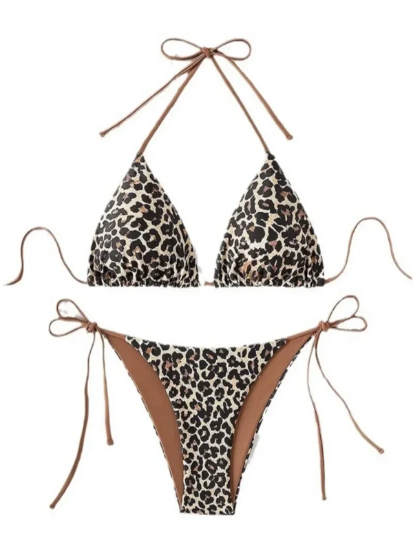 Leopard Print Two Piece Swimsuit Set Triangle Bra Suspender Halter Backless Bikini Set Beach Vacation Lace-up Swimwear 2025 - Image 4