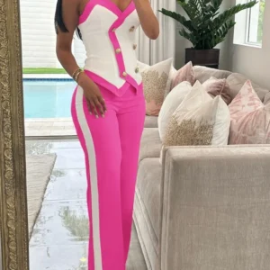 Women Two-Piece Set 2024 Spring Summer V-Neck Double Breasted Chain Strap Sleeveless Top & Straight Leg Pants Set Casual Style