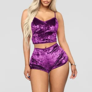 Women's Velvet Sleeveless V-neck Underwear Polyester Setcamisole+shorts Pajamas Set Comfortable Home Clothes Top Pants
