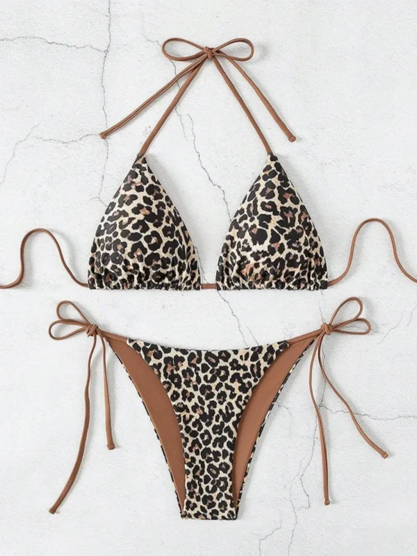 Leopard Print Two Piece Swimsuit Set Triangle Bra Suspender Halter Backless Bikini Set Beach Vacation Lace-up Swimwear 2025 - Image 3