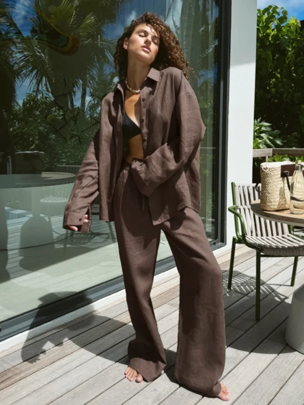 Bornladies Cotton Casual Pants Sets Women's Solid Color Cozy Lapel Long Sleeve Shirt Summer Outfit Elastic Waist Pants Suits - Image 4