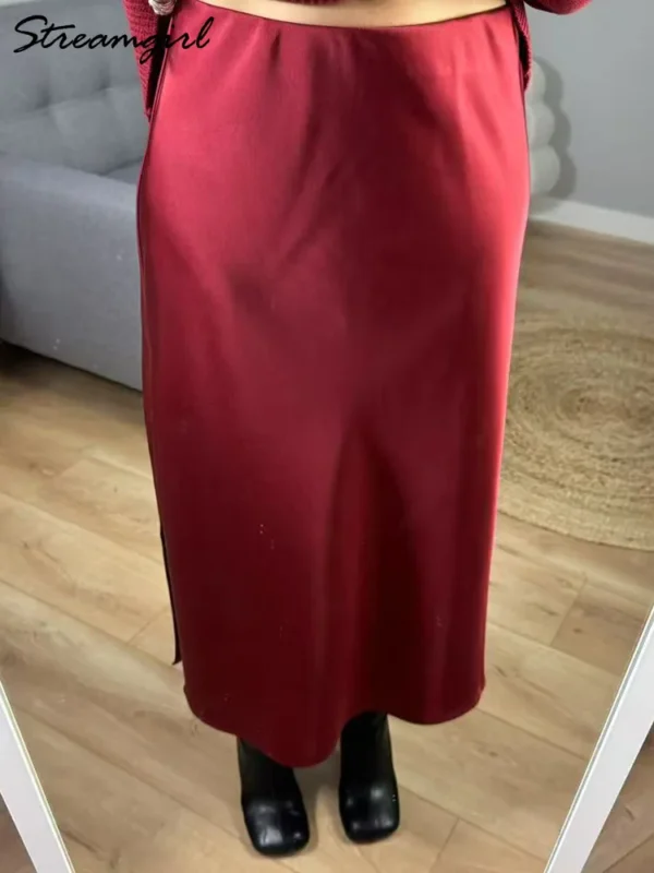 Streamgirl Office Black Midi Skirts For Women High Waist Elegant Silk Skirt Ladies Solid Women Satin Skirt With Slit On The Side - Image 5