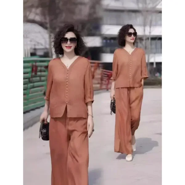 Hot Sale Of The Season New plus Size Summer Casual Set Women's Korean Version Mid-aged Mom Top Slimming Wide Leg Pants Two-piece - Image 2