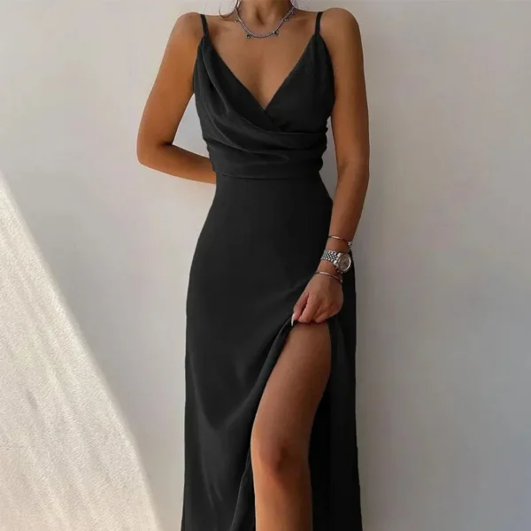 Summer Elegant Suspender Tight Women's Dress Fashionable And Sexy V-neck Striped Print Slit Drawstring High Waist Long Skirt - Image 3