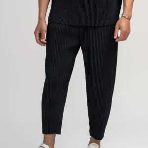 Miyake Pleated Straight Pants Men Clothing Black Pencil Cropped Pants Street Wears Men Japanese Style Ankle Length Pants