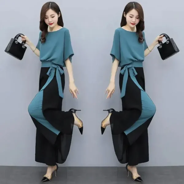 Elegant Stylish Women's Bell Bottom Suit 2024 Summer New Arrival Age-reducing Fashionable 2-piece Set Yellow Blue - Image 4