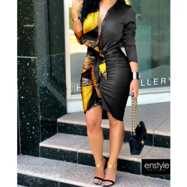 Summer Autumn New Elegant Ladies's Dress 2024 V-neck Strap Solid Color Elastic Waist Bag Hip Printed Long Sleeve Shirt Dress - Image 2