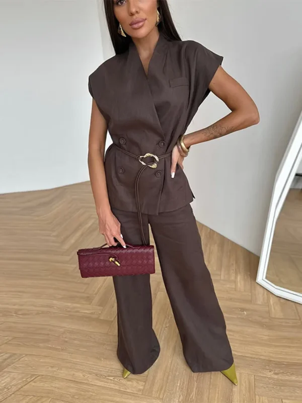 V-neck Double Breasted Women Top Set High Waist Wide Leg Female Pants Sets 2025 Fashion Casual Summer Chic Solid Lady Shirt Suit - Image 2