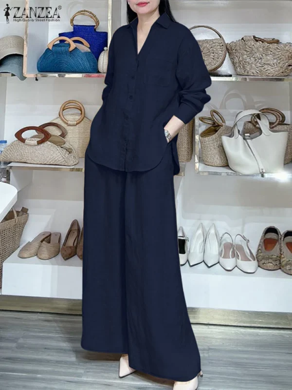 2025 ZANZEA Fashion Autumn Two Pieces Sets Women Oufits Office Pant Sets Elegant Tracksuits Long Sleeve Shirts Wide Leg Trousers - Image 5
