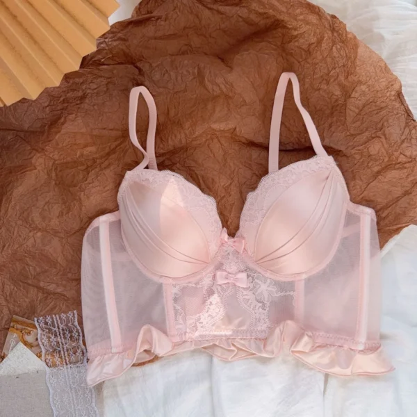 Women's Underwire Bra and Panty Set Lace Full Coverage Push Up V Neck Unlined Small Chest Wireless T-Shirt Bralette Lingerie - Image 2