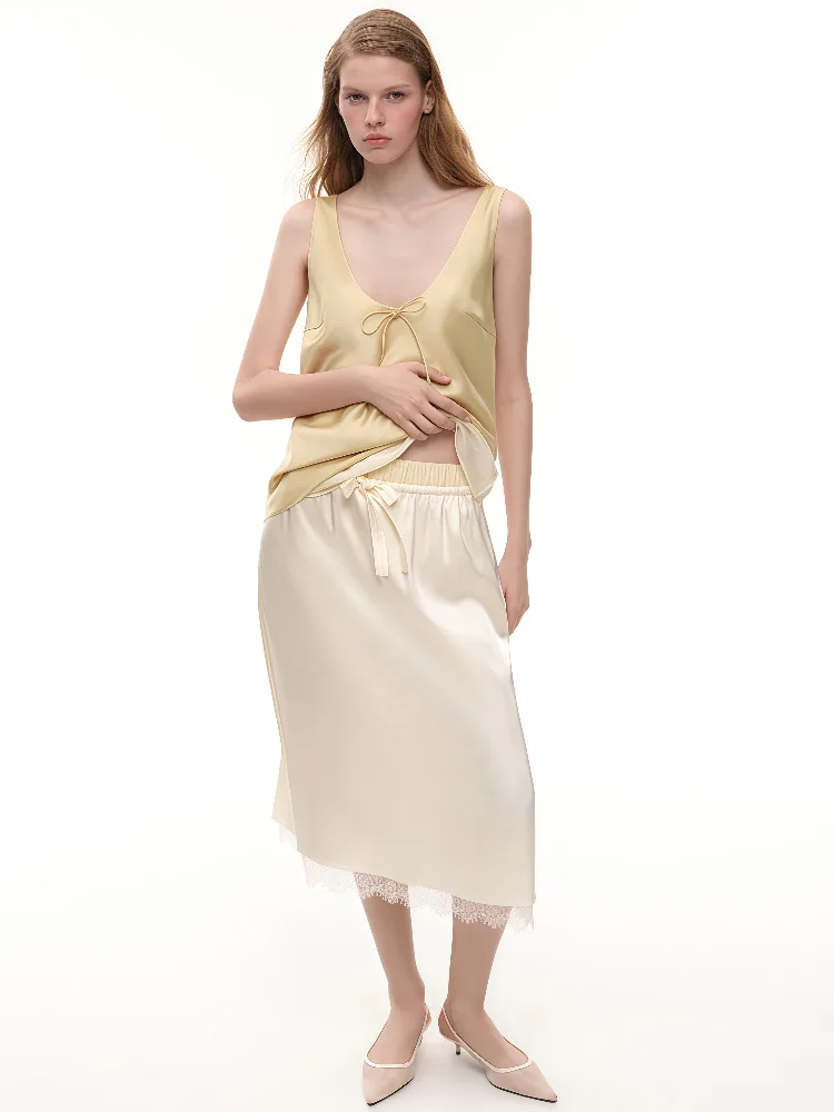 Absobe Women's Lace Patchwork Midi Straight Skirt Satin Drawstring Lacing Loose Long Skirt Contrast Casual Commuter Streetwear - Image 6