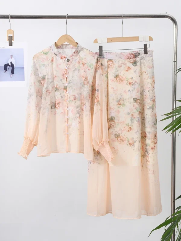 Elegant Print Long Skirt Set Women Loose Floral Button Long Sleeve Shirt Pleated A-line Skirts 2025 Autumn Party Lady Outfit - Image 5