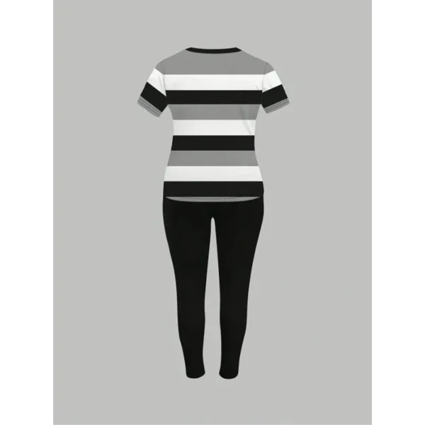 Plus Size New Women's Striped Printed Top Solid Color Pants Set & Matching Pants 2 Piece Outfit Set - Image 2