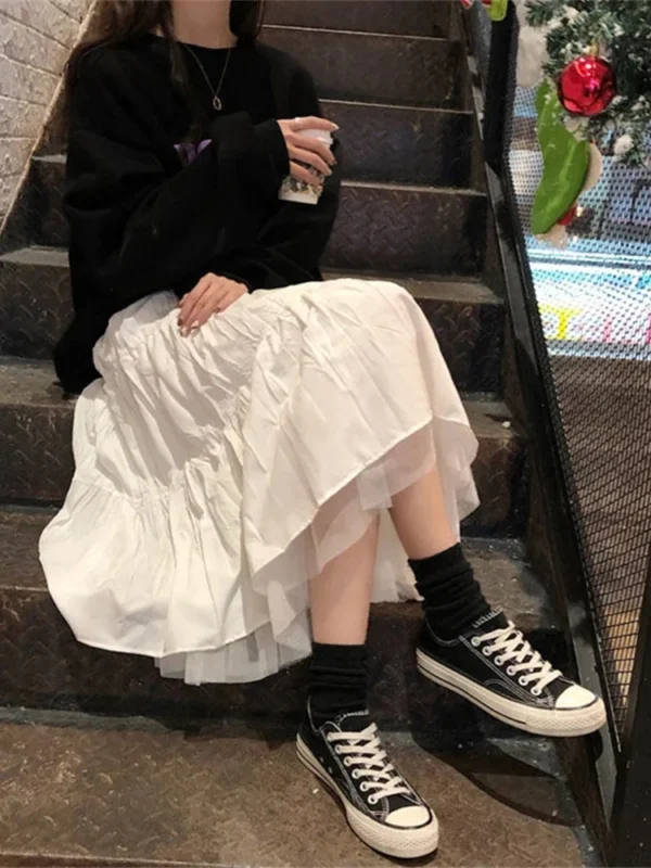 Long Tulle Midi Skirts Womens Autumn Elastic High Waist Mesh Tutu Pleated Skirts Female Black White Long Skirt Streetwear - Image 3