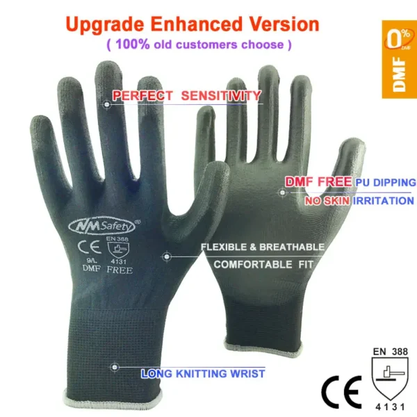 24Pieces/12 Pairs Safety Working Gloves Black Pu Nylon Cotton Glove Industrial Protective Work Gloves NMSafety Brand Supplier - Image 4