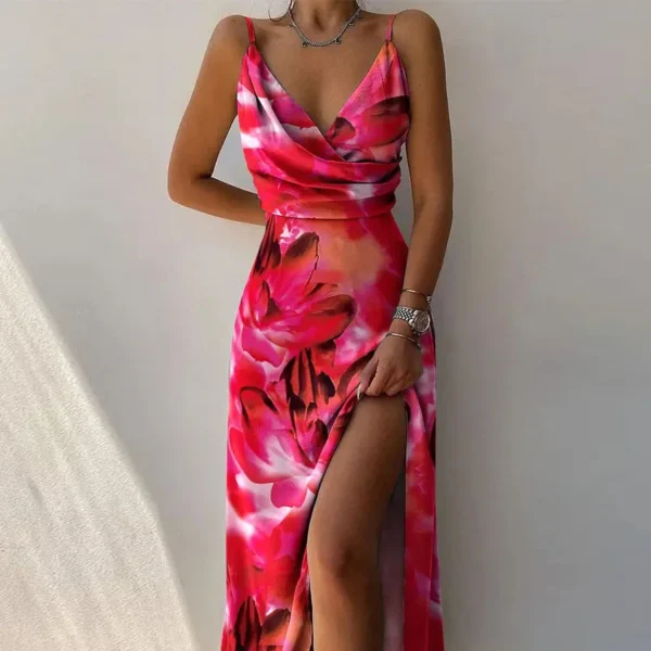 Summer Elegant Suspender Tight Women's Dress Fashionable And Sexy V-neck Striped Print Slit Drawstring High Waist Long Skirt - Image 5